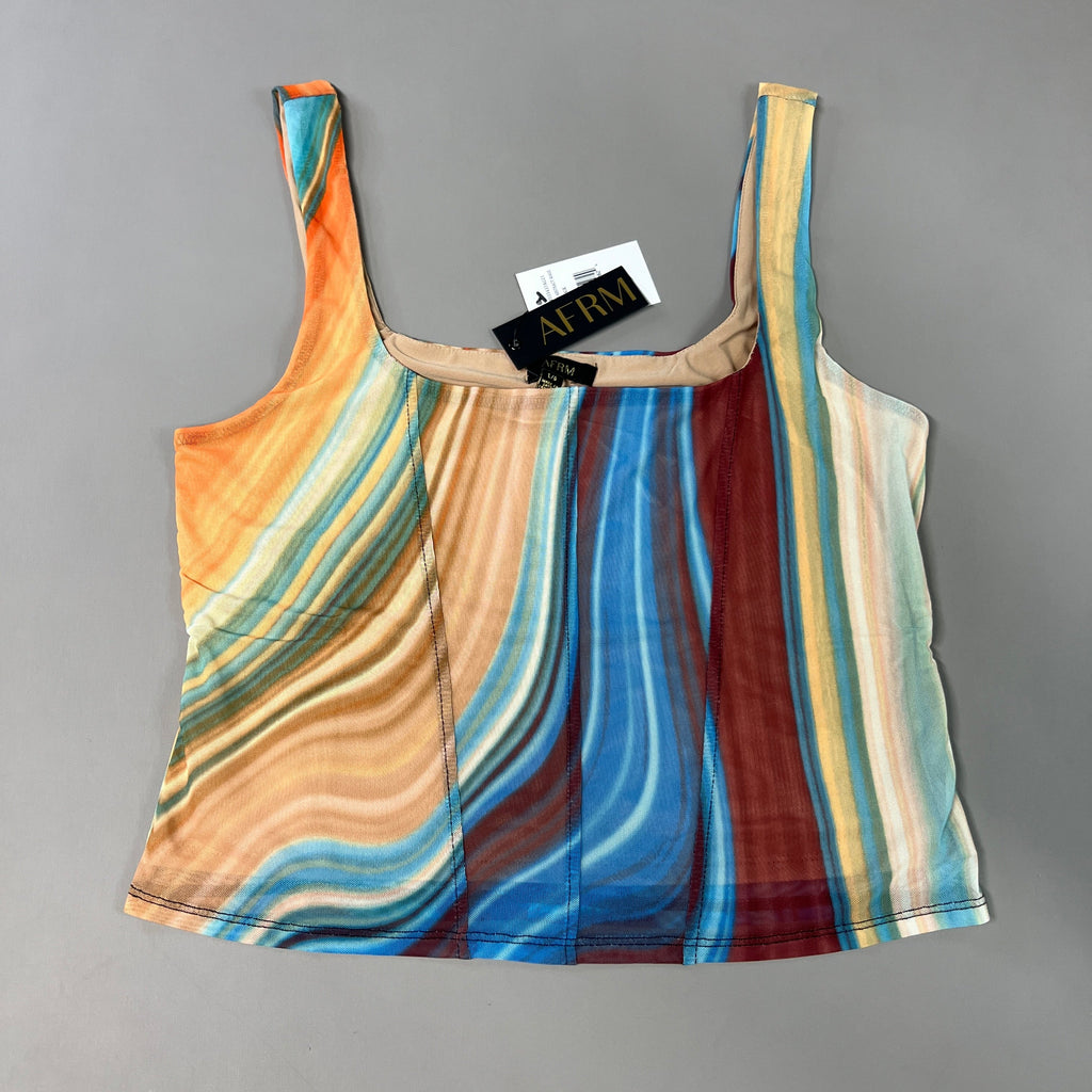 AFRM Cort Doubled Mesh Seaming Crop Top Women's L Blue Abstract Wave AET033437AU21 (New)