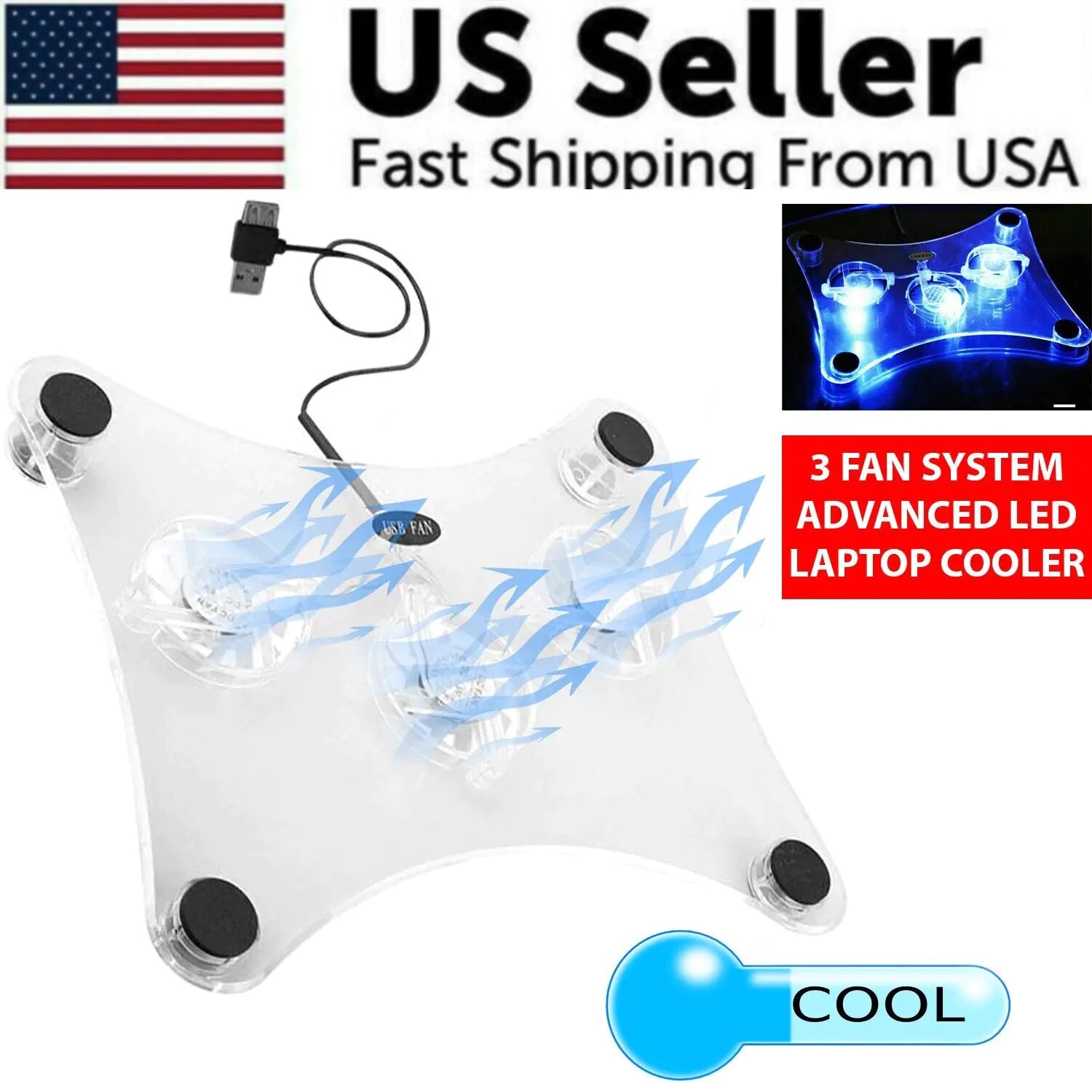 3 Fans USB Cooler Cooling Pad Stand LED Light Radiator For Laptop PC Notebook