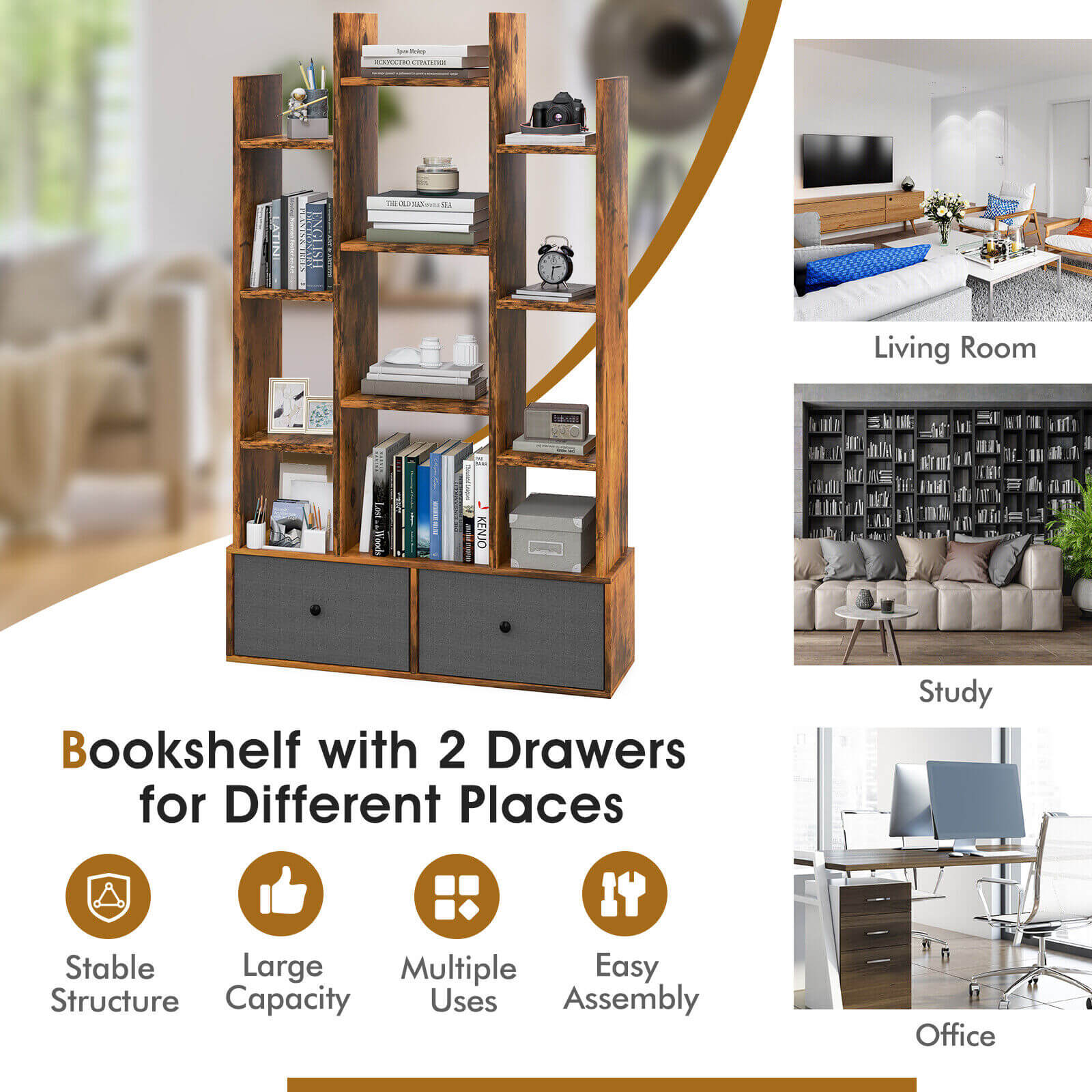 12-Tier Open-Back Freestanding Bookshelf with Drawer