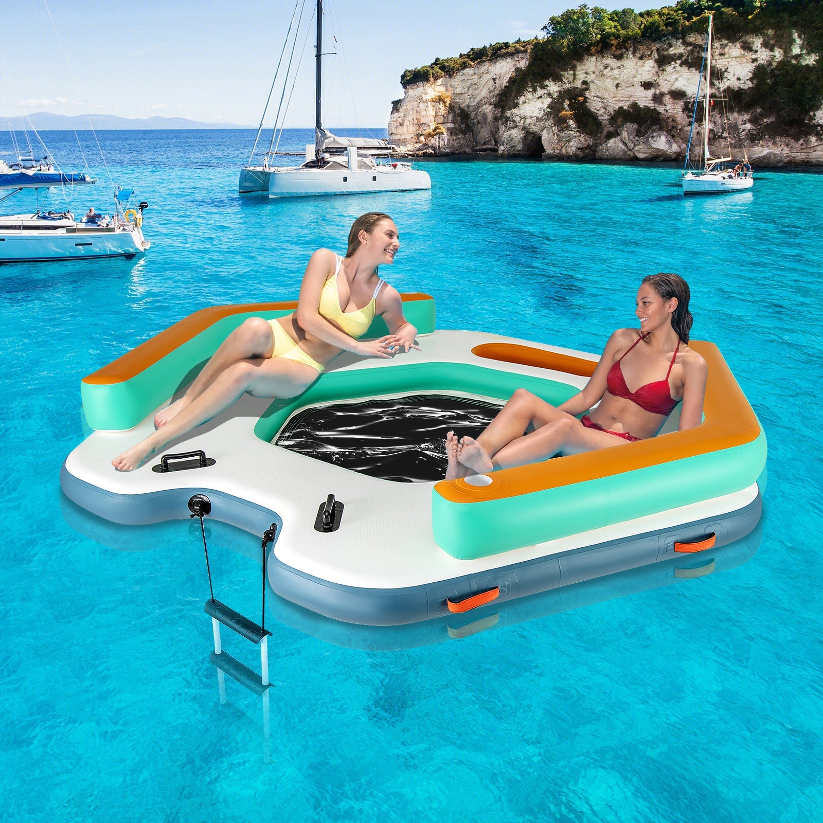 8.7 Feet Inflatable Floating Dock with Detachable Ladder and Mesh Swim Lounge