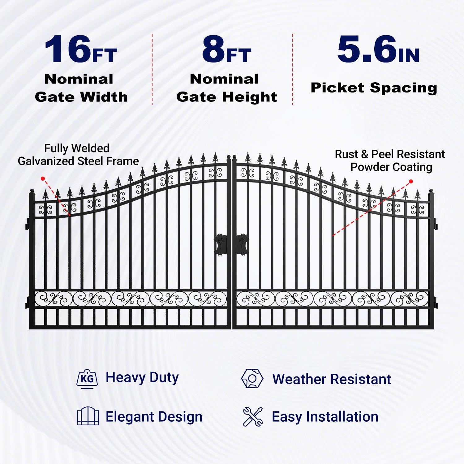 16x8 ft Steel Dual Swing Driveway Gate