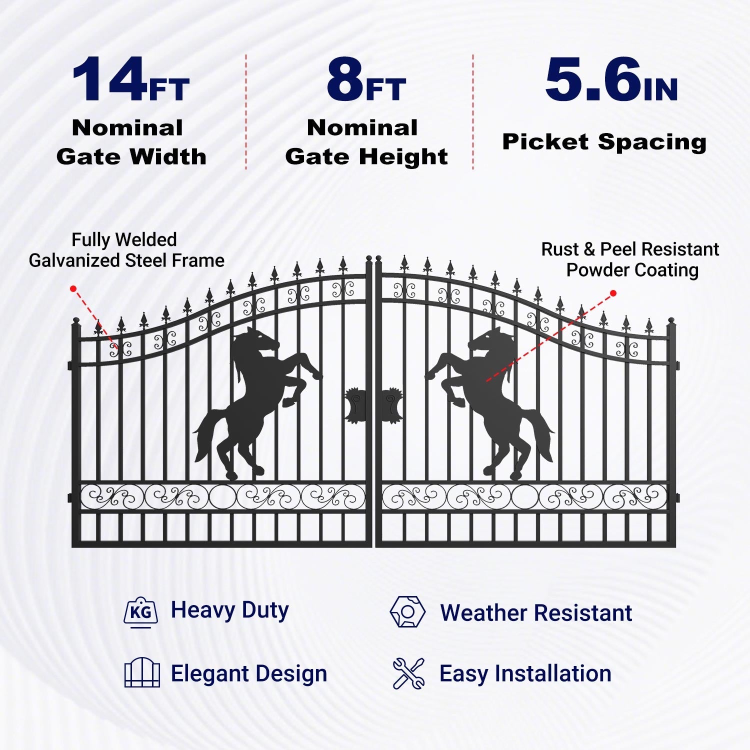 14x8 ft Steel Dual Swing Driveway Gate with Horse Pattern