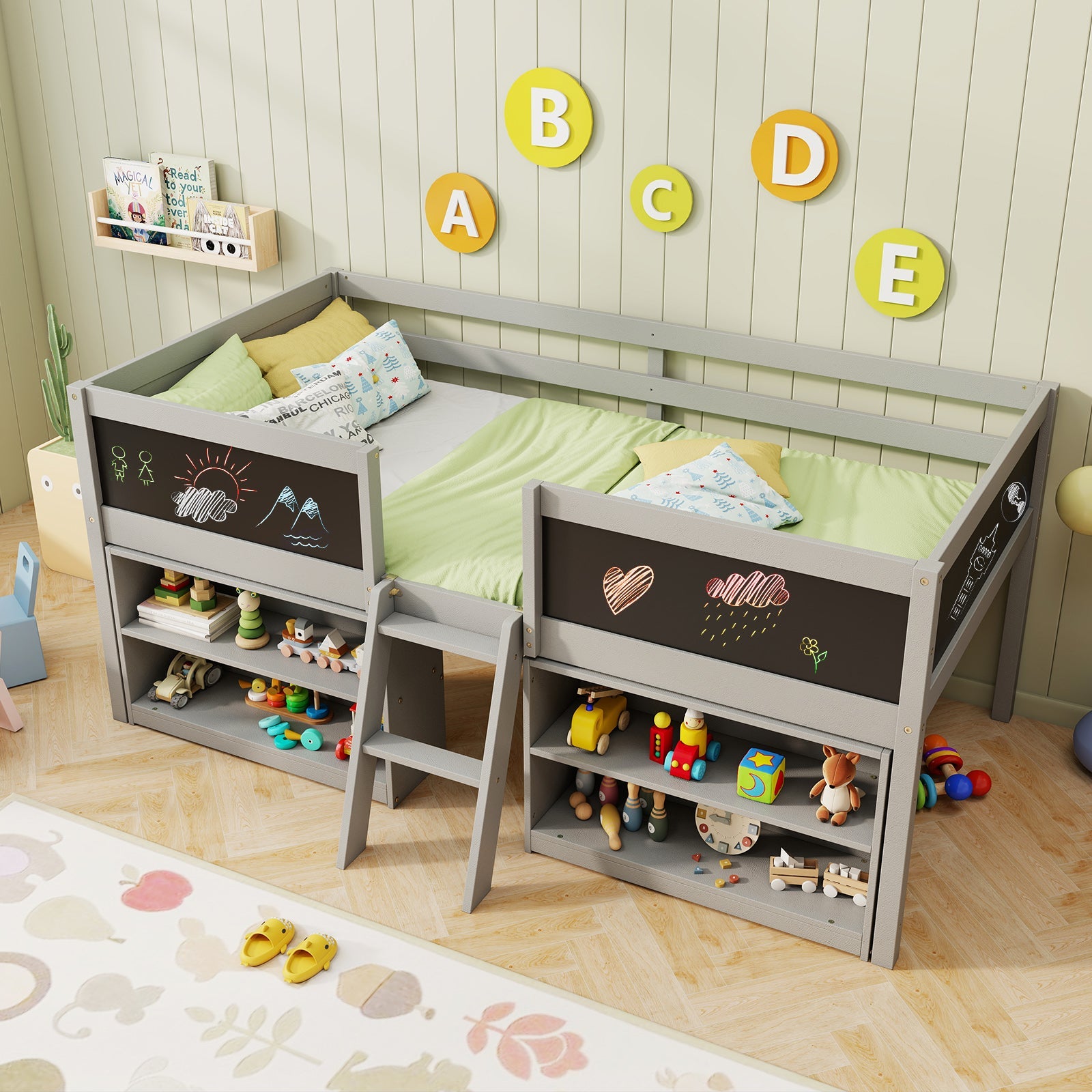 Kid Twin Size Low Loft Bed with Chalkboard Ramp Ladder and Bookcases