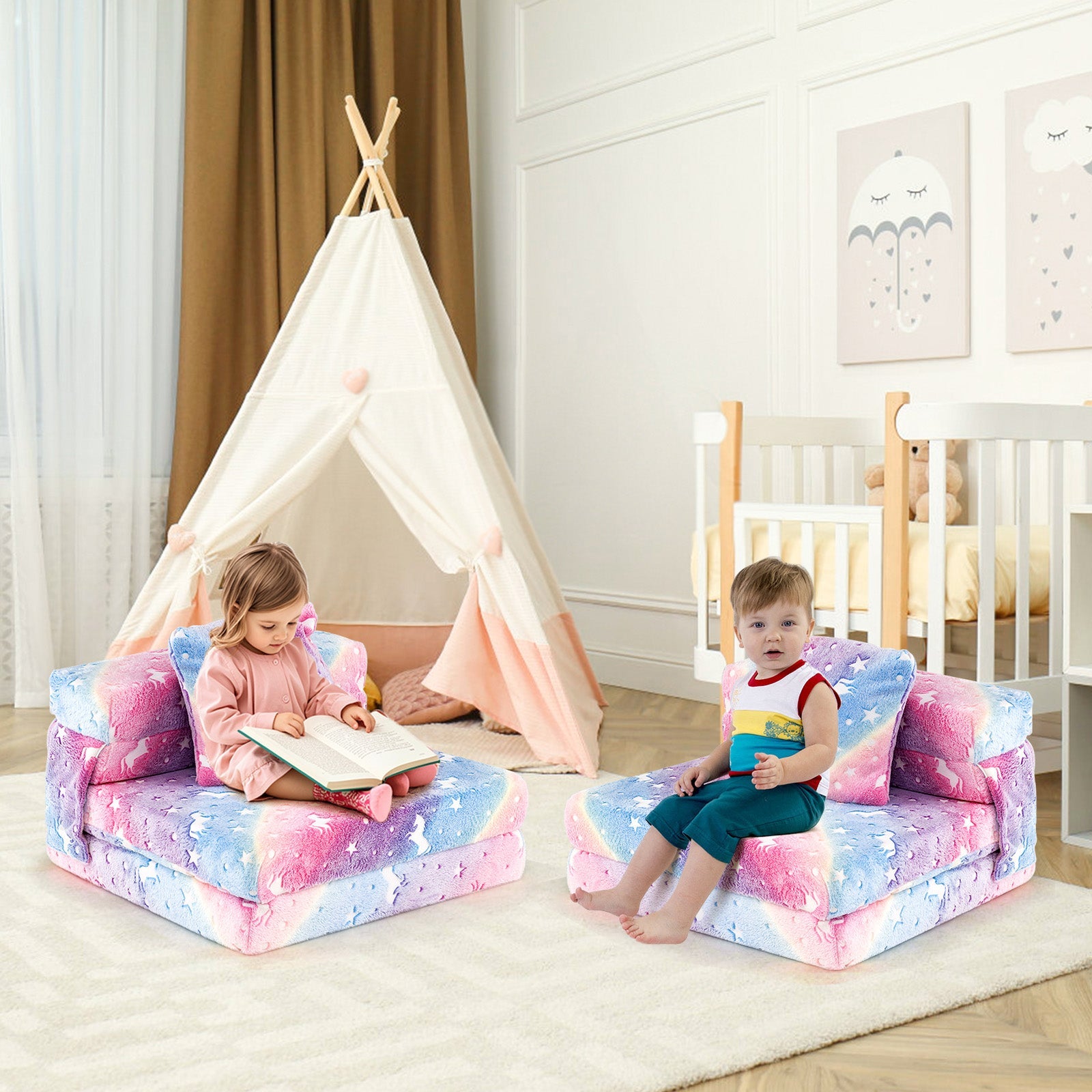 Kids Folding Sofa Bed Floor Mattress Glow in the Dark with Pillow