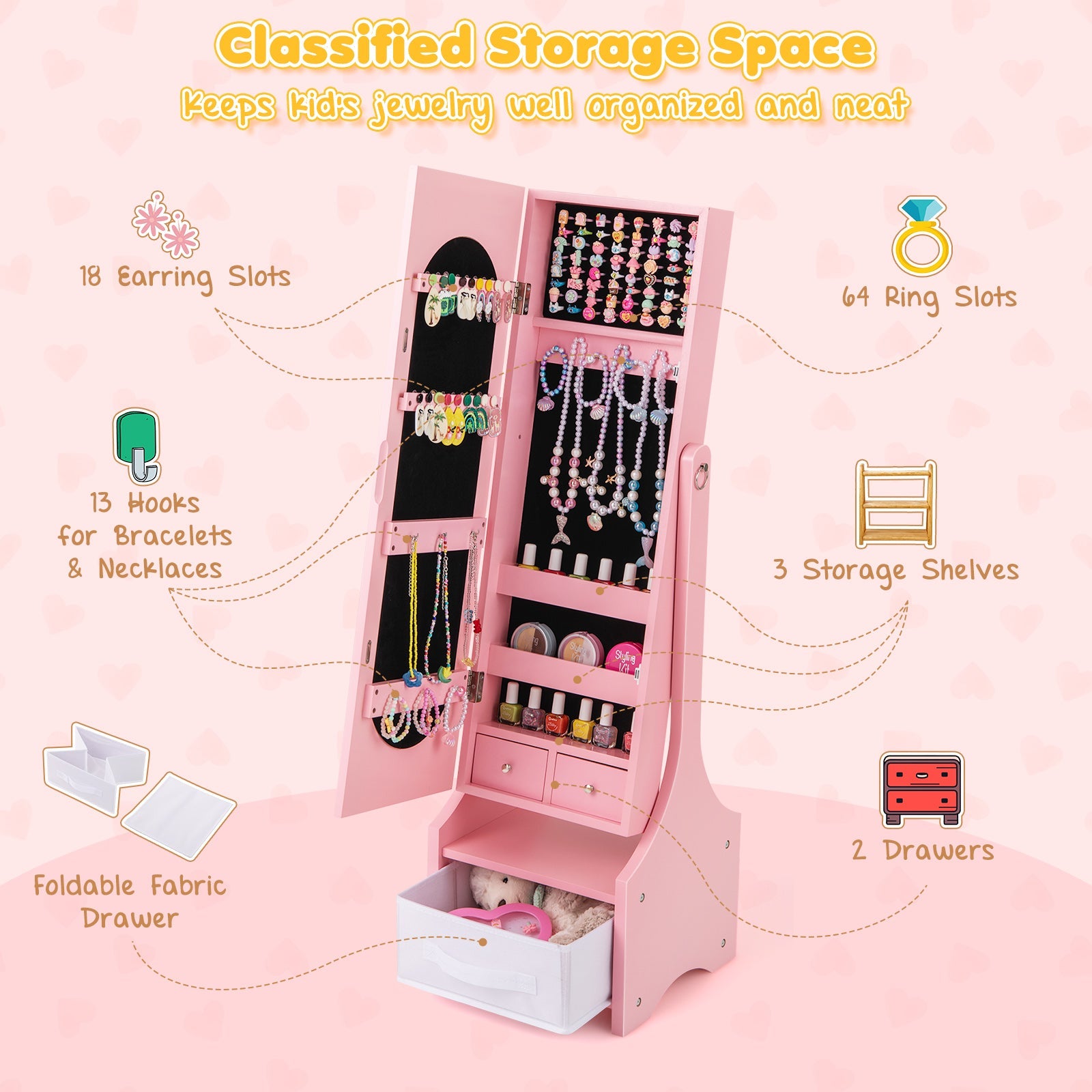 Freestanding Kids Jewelry Armoire Cabinet with Storage and 2 Tilt Angles
