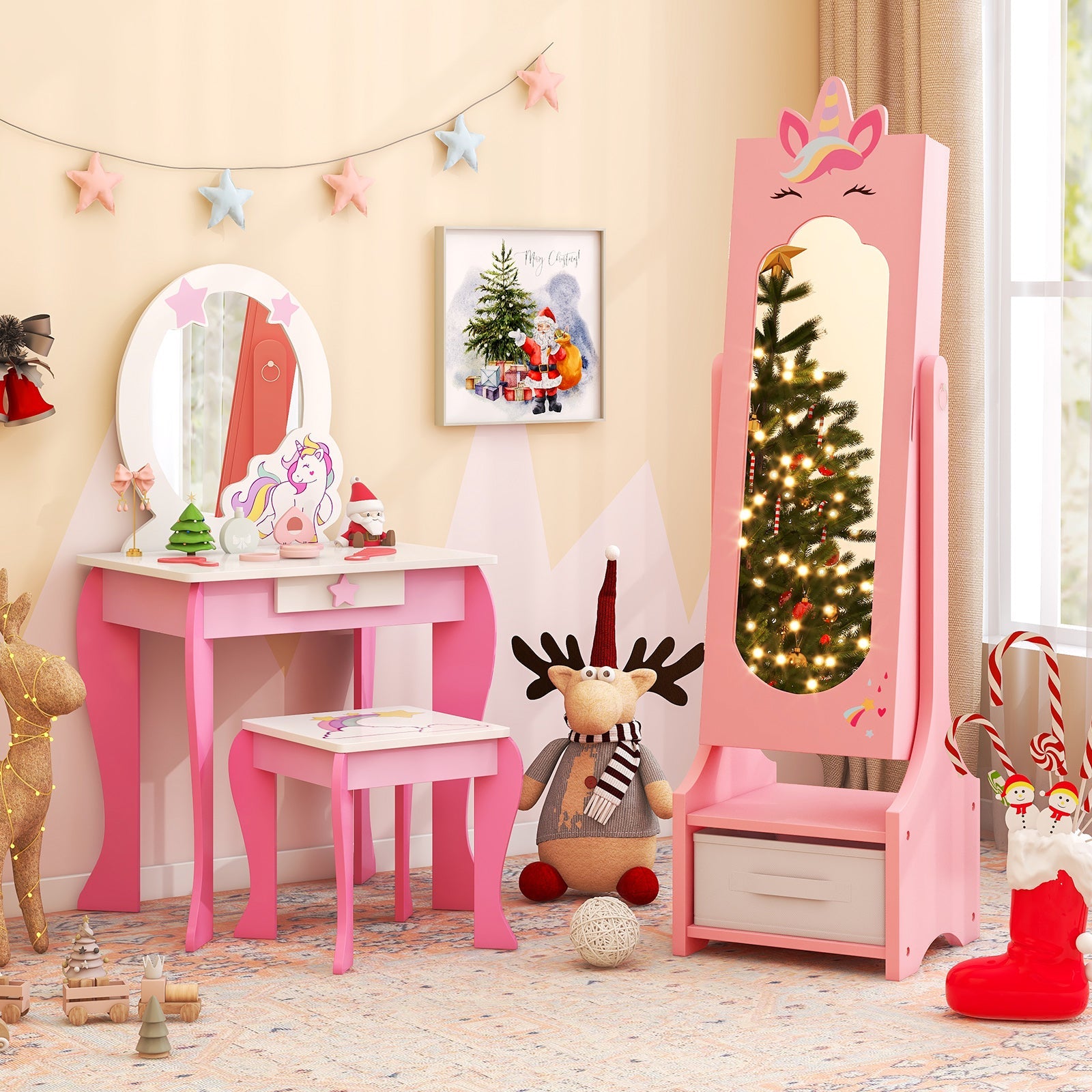 Kids Jewelry Cabinet with Full-Length Mirror for Kids Bedroom and Playroom