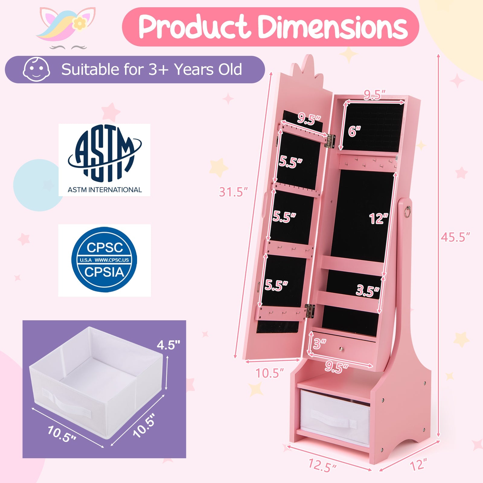Kids Jewelry Cabinet with Full-Length Mirror for Kids Bedroom and Playroom