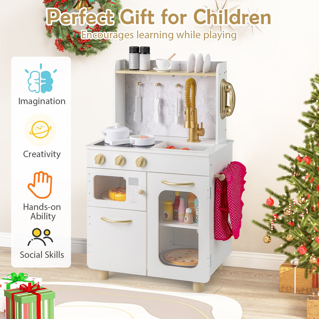 Kids Kitchen Set Pretend Play Kitchen with Stoves Faucet Sink Telephone Microwave and Oven-White