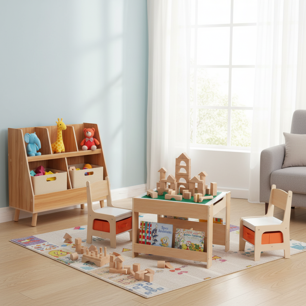 Kids Learning & Play Essentials Bundle - Bookshelf + 4-in-1 Activity Table Set + 360¬∞ Swivel Chair