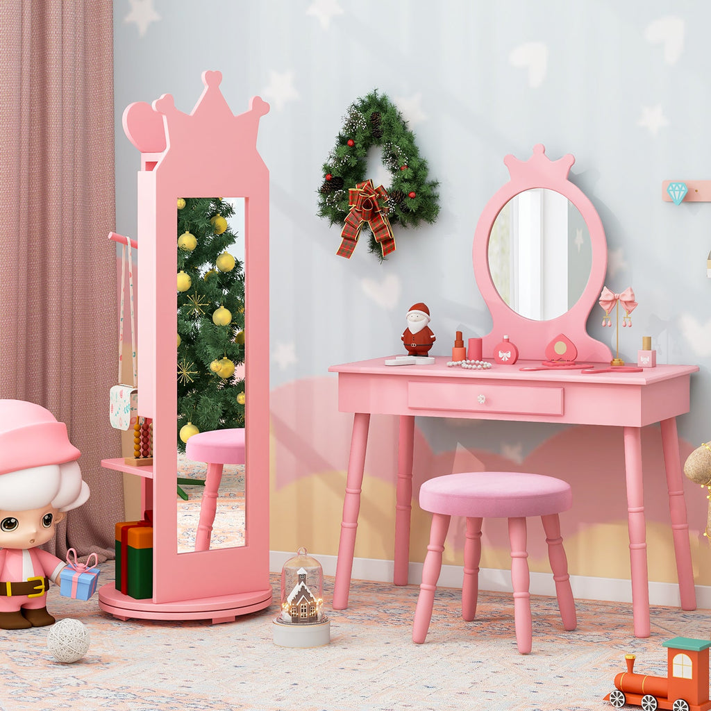 Kids Room Furniture Set Princess Vanity Table and Stool Set with Mirror and Drawer
