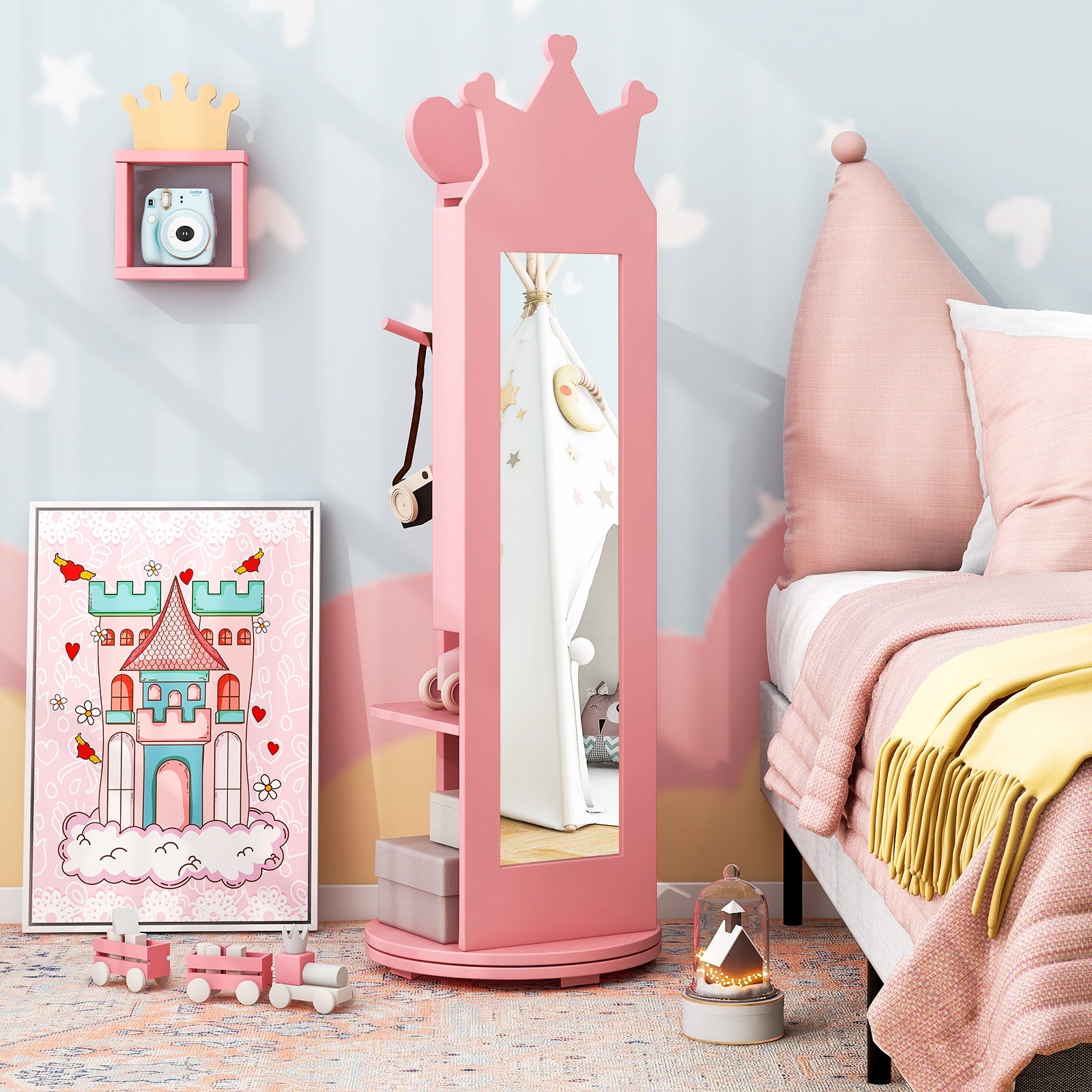 Kids Room Furniture Set Princess Vanity Table and Stool Set with Mirror and Drawer