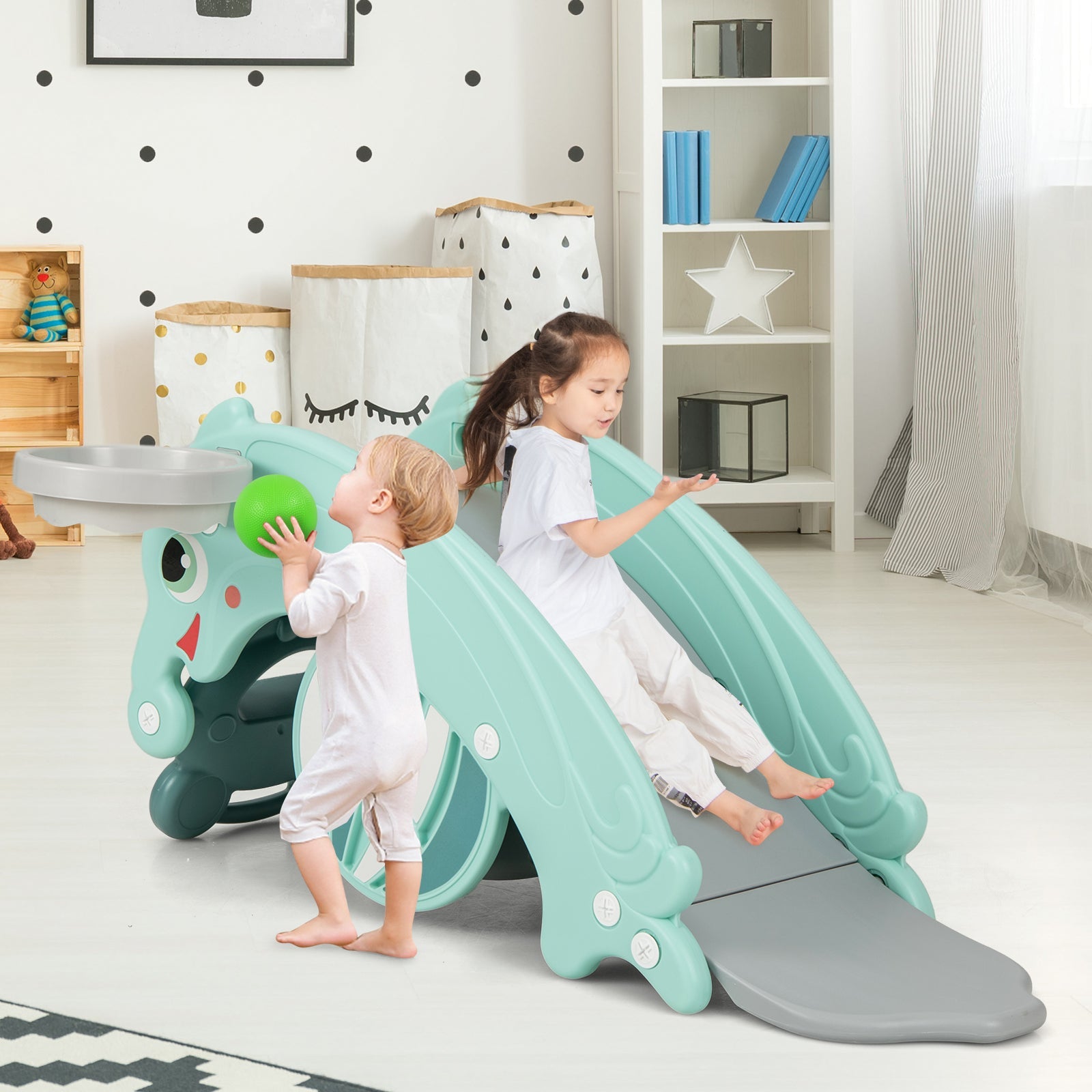3-in-1 Kids Slide Rocking Horse Set Convertible Toddler Slide with Basketball Hoop