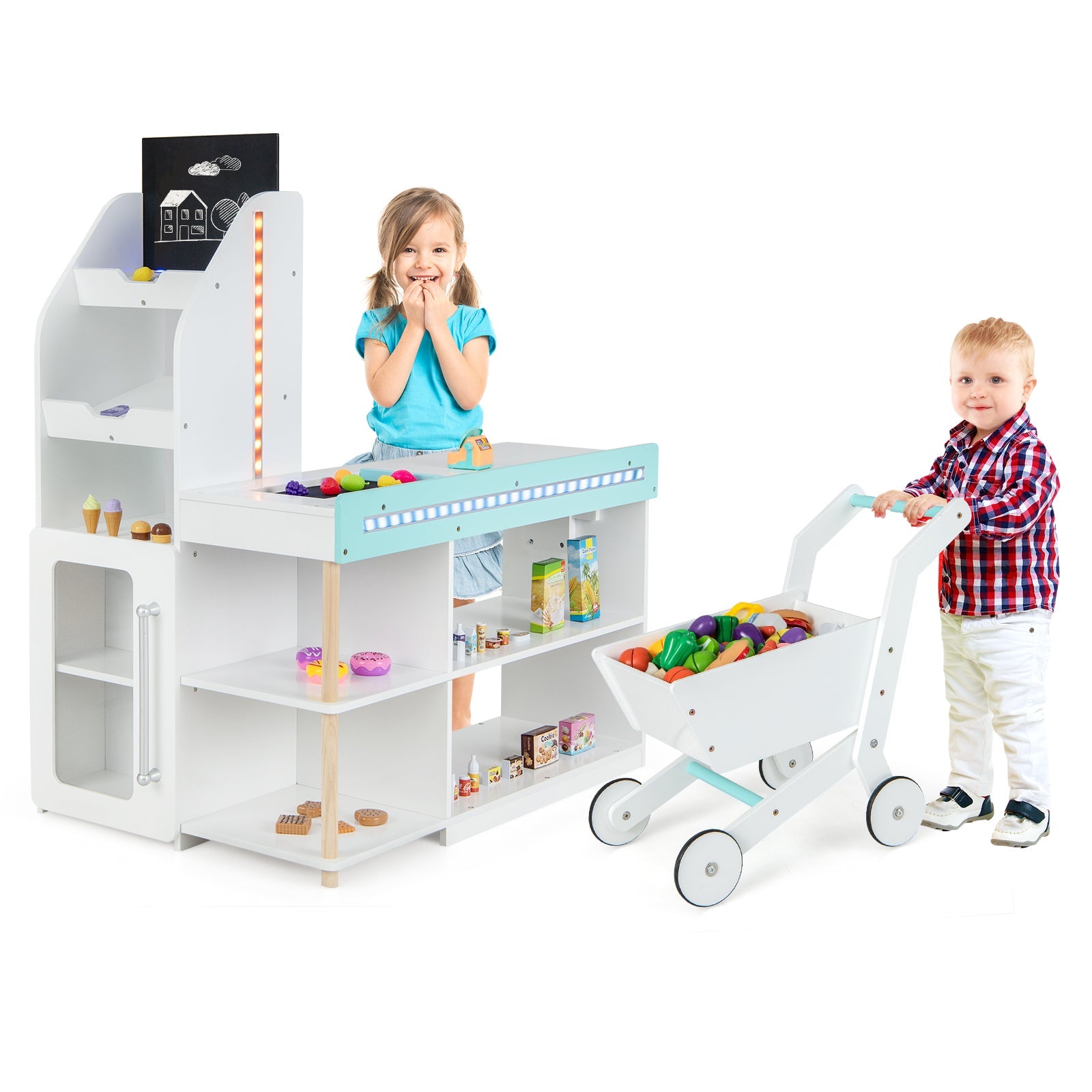 Wooden Kids Supermarket Playset with Cash Register and Shopping Cart-White