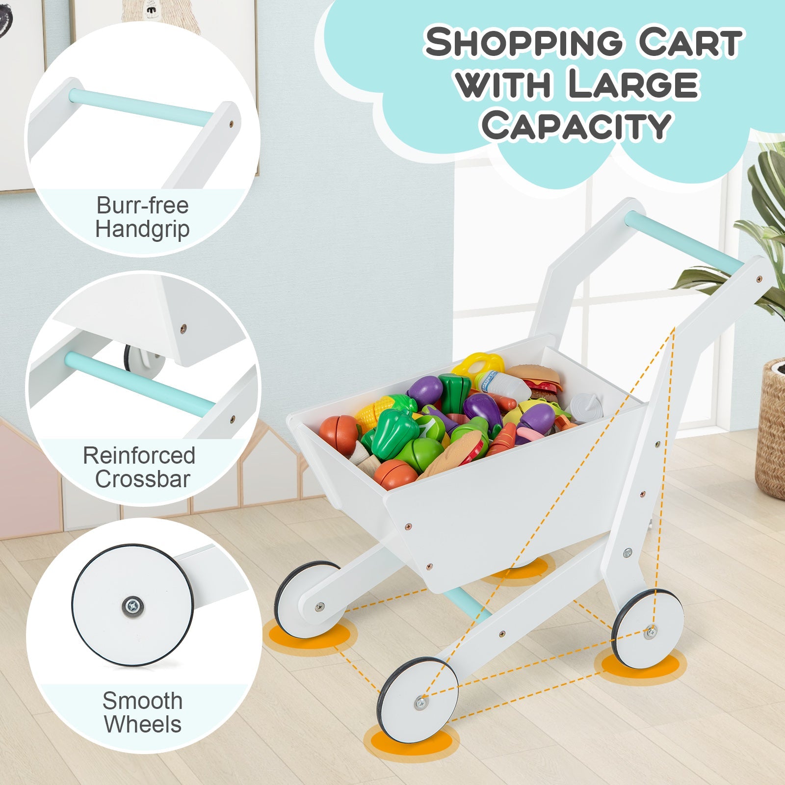 Wooden Kids Supermarket Playset with Cash Register and Shopping Cart-White