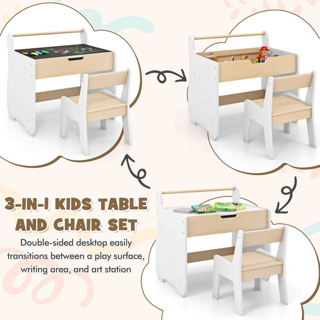 Kids Table and Chair Set with 2 in 1 Detachable Tabletop and Storage-White