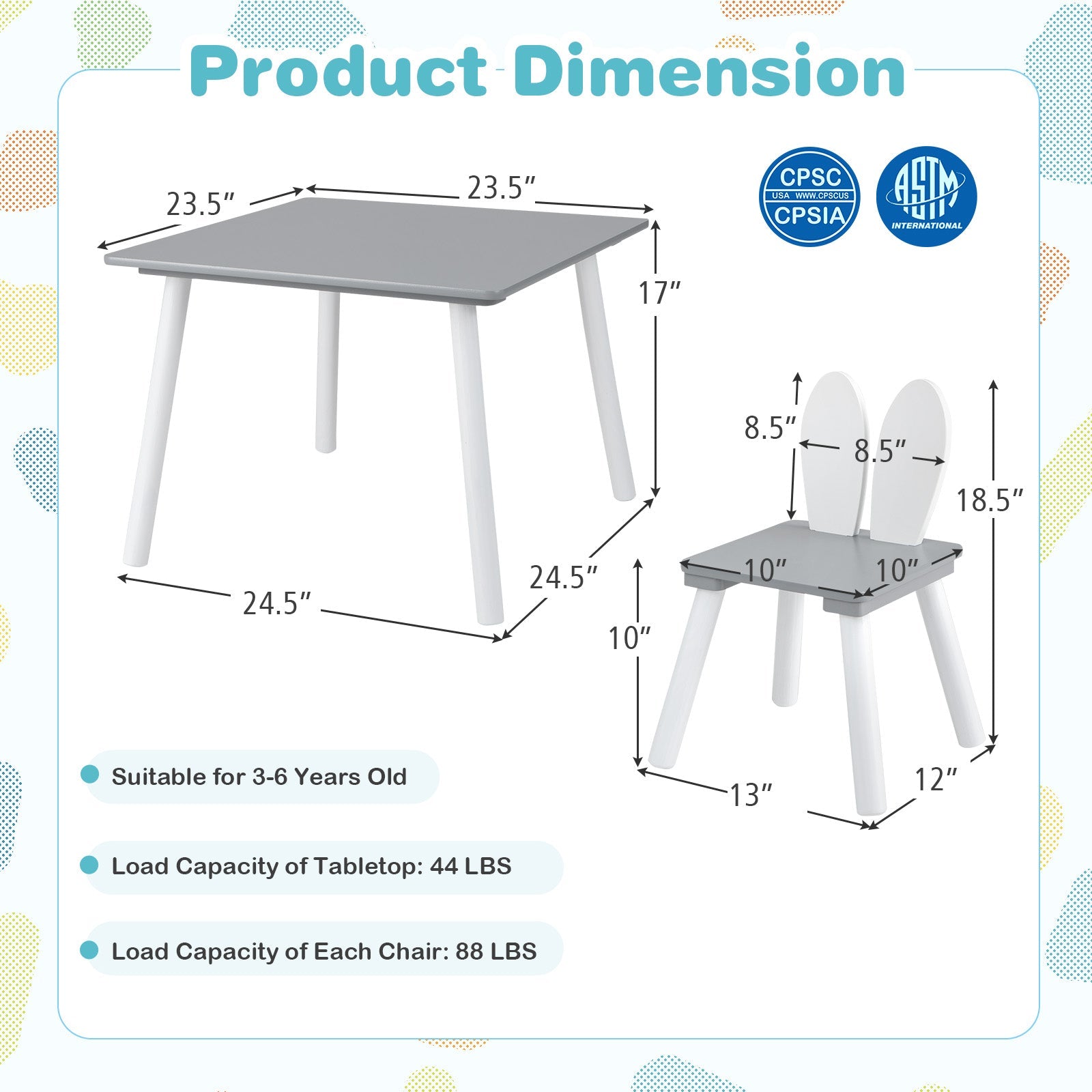 3 Pieces Kids Table and Chairs Set for Arts Crafts Snack Time