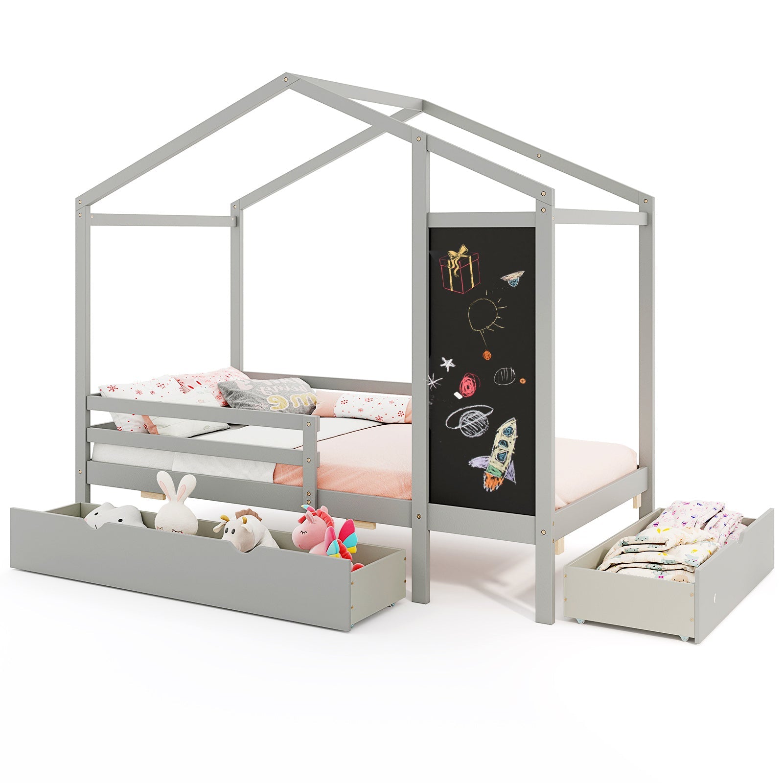 Kids Twin Size Bed with 2 Drawers Solid Wood Bed with Blackboard
