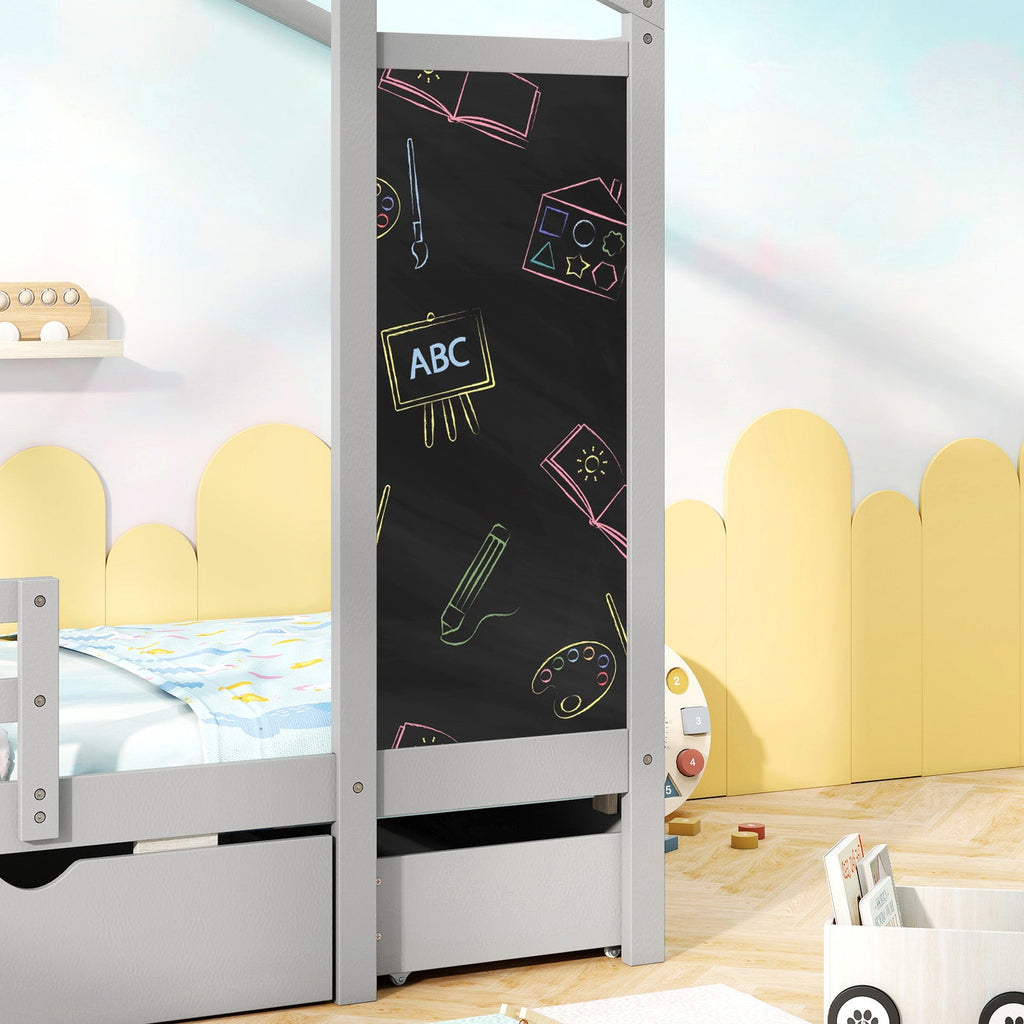 Kids Twin Size Bed with 2 Drawers Solid Wood Bed with Blackboard