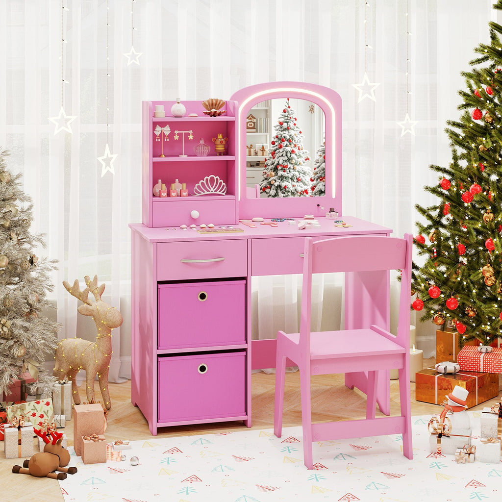Kids Vanity Set with Lighted Mirror Makeup Desk and Chair Set with Drawers