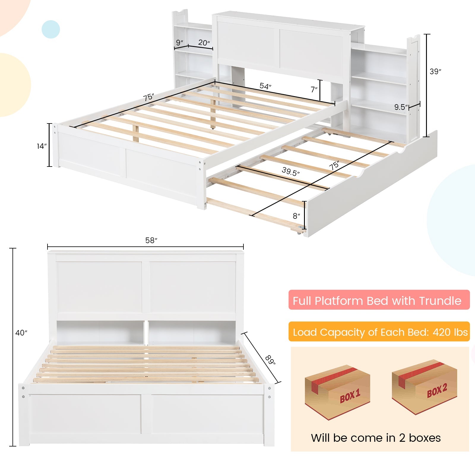 Twin/Full Kids Wooden Platform Bed with Trundle Storage Headboard