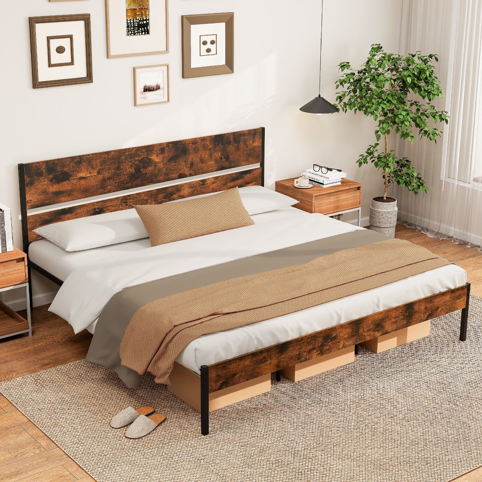Twin/Full/Queen/King Metal Bed Frame with Wooden Headboard and Footboard-King Size