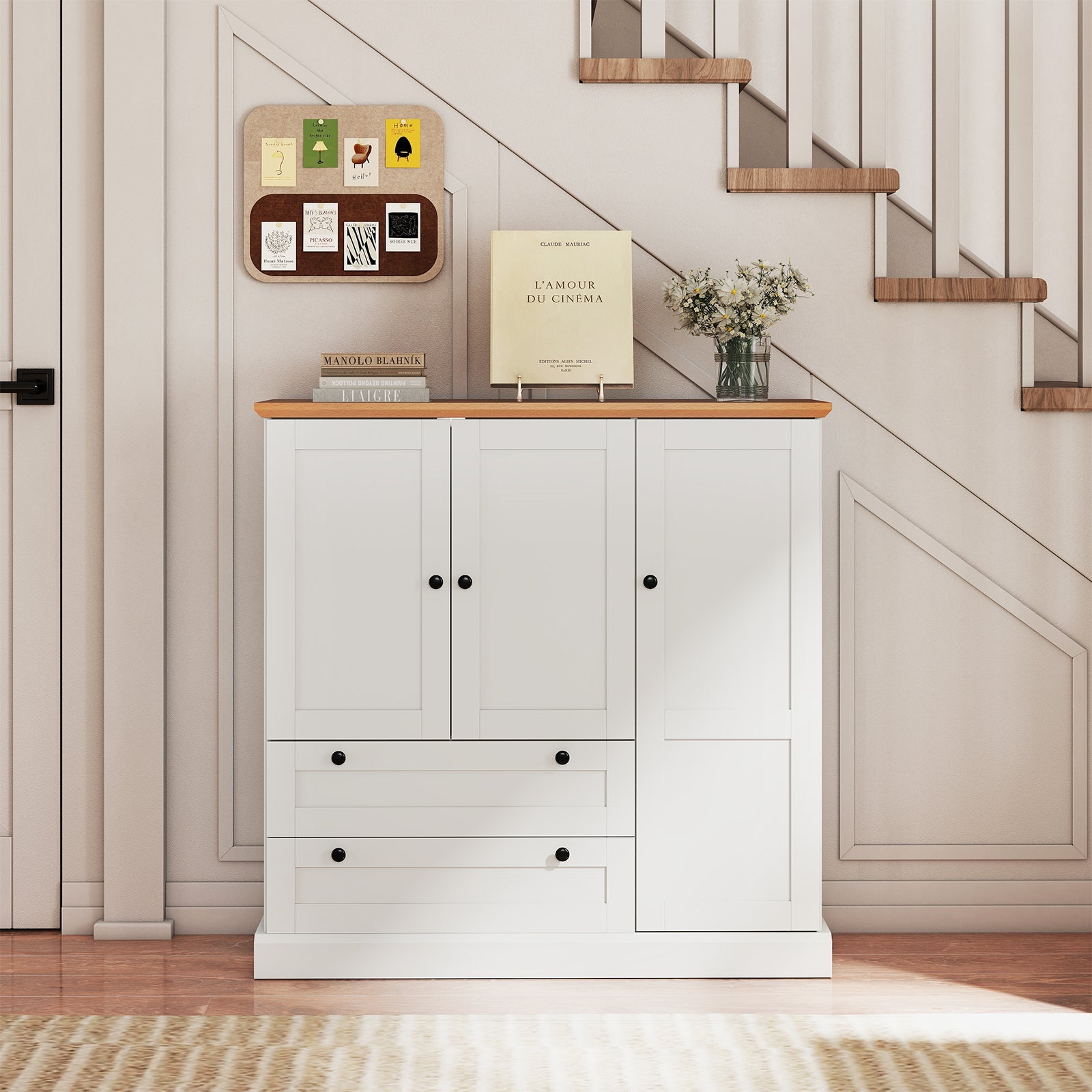 47.5 Inch Kitchen Freestanding Storage Cabinet with 3 Doors and 2 Large Drawers-White