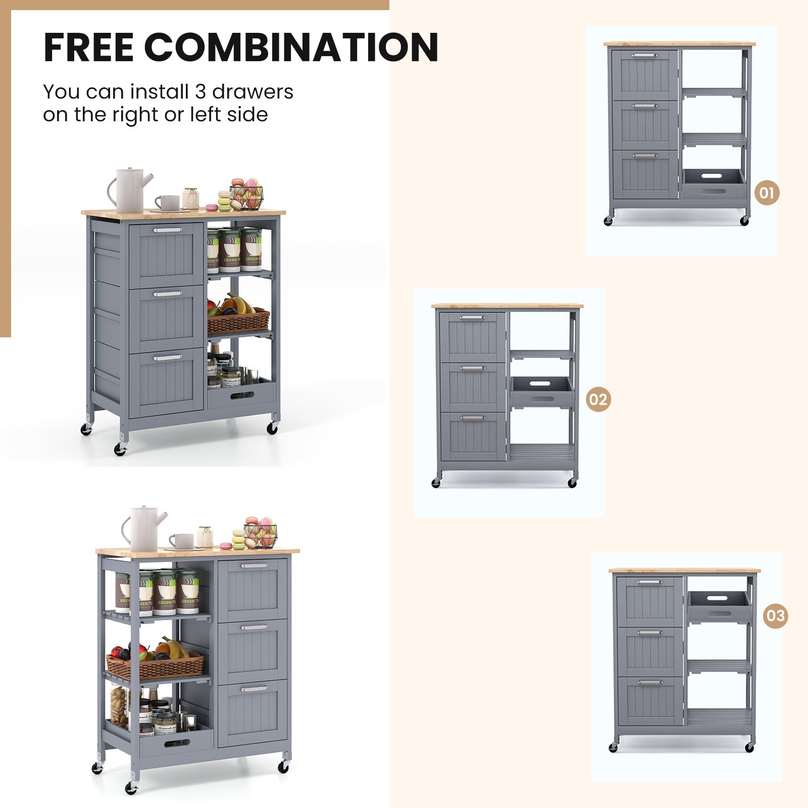 Kitchen Island Cart on Wheels with Rubber Wood Top and 3 Drawersand Removable Tray