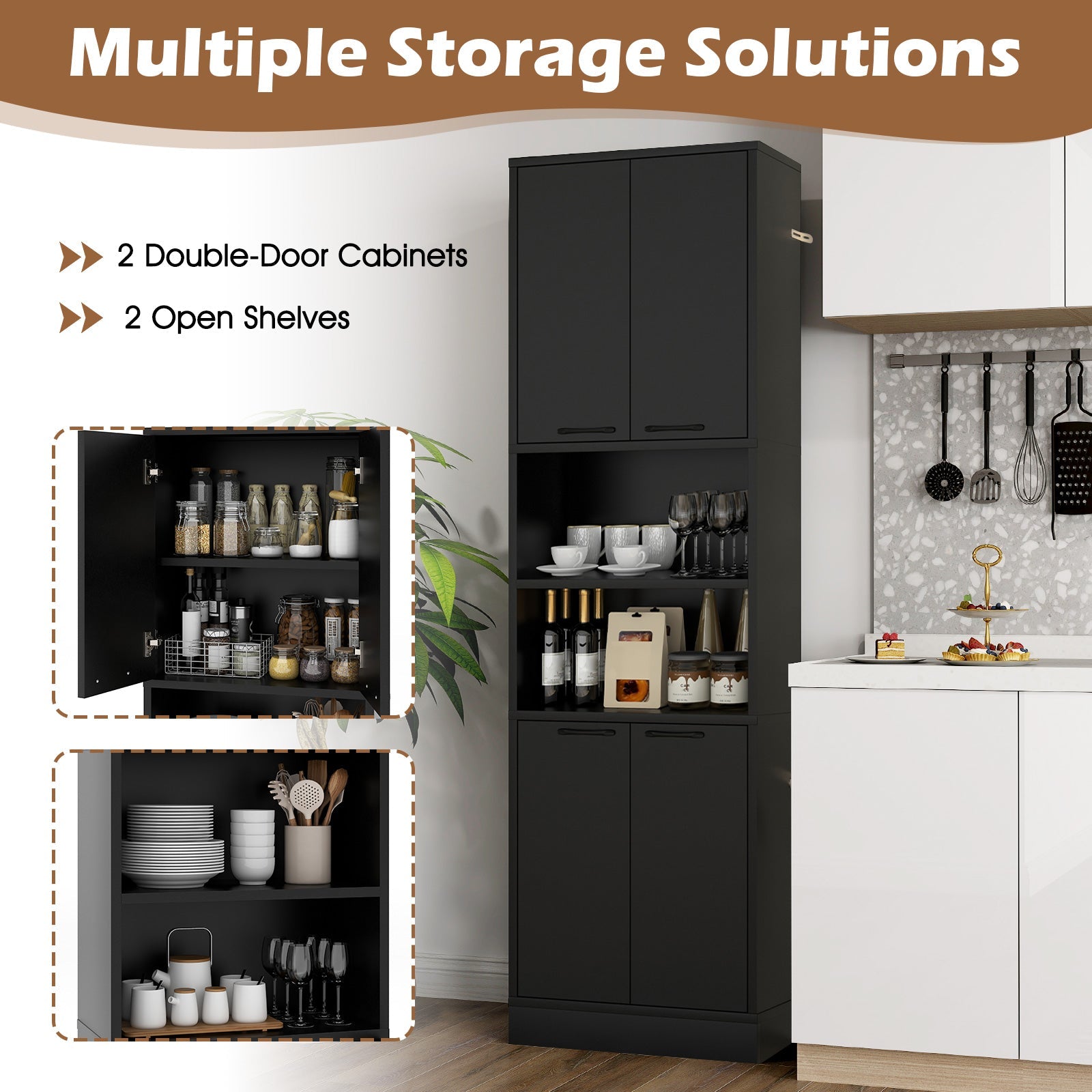 75 Inch Kitchen Pantry Cabinet Tall Cupboard with Doors and Shelves