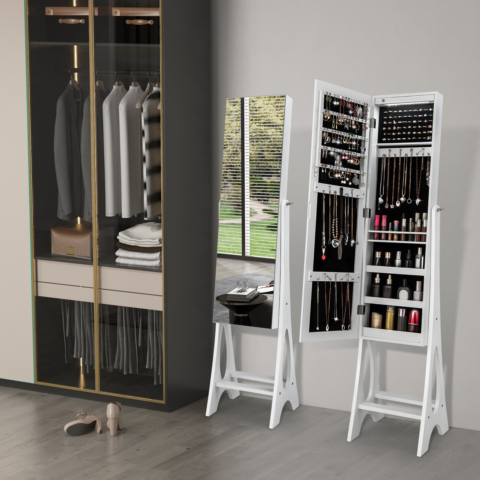 LED Jewelry Cabinet Armoire Organizer with Bevel Edge Mirror