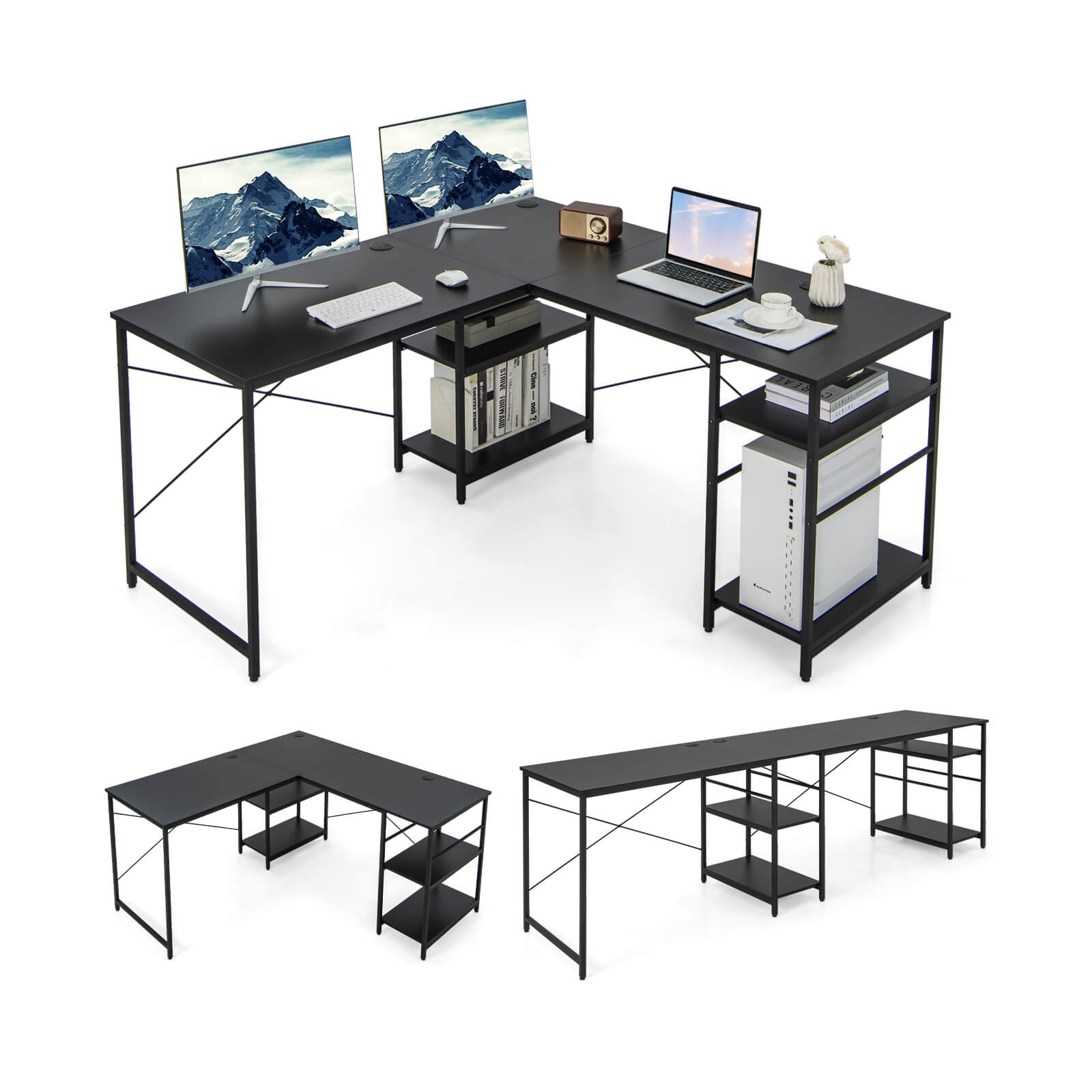L Shaped Computer Desk with 4 Storage Shelves and Cable Holes