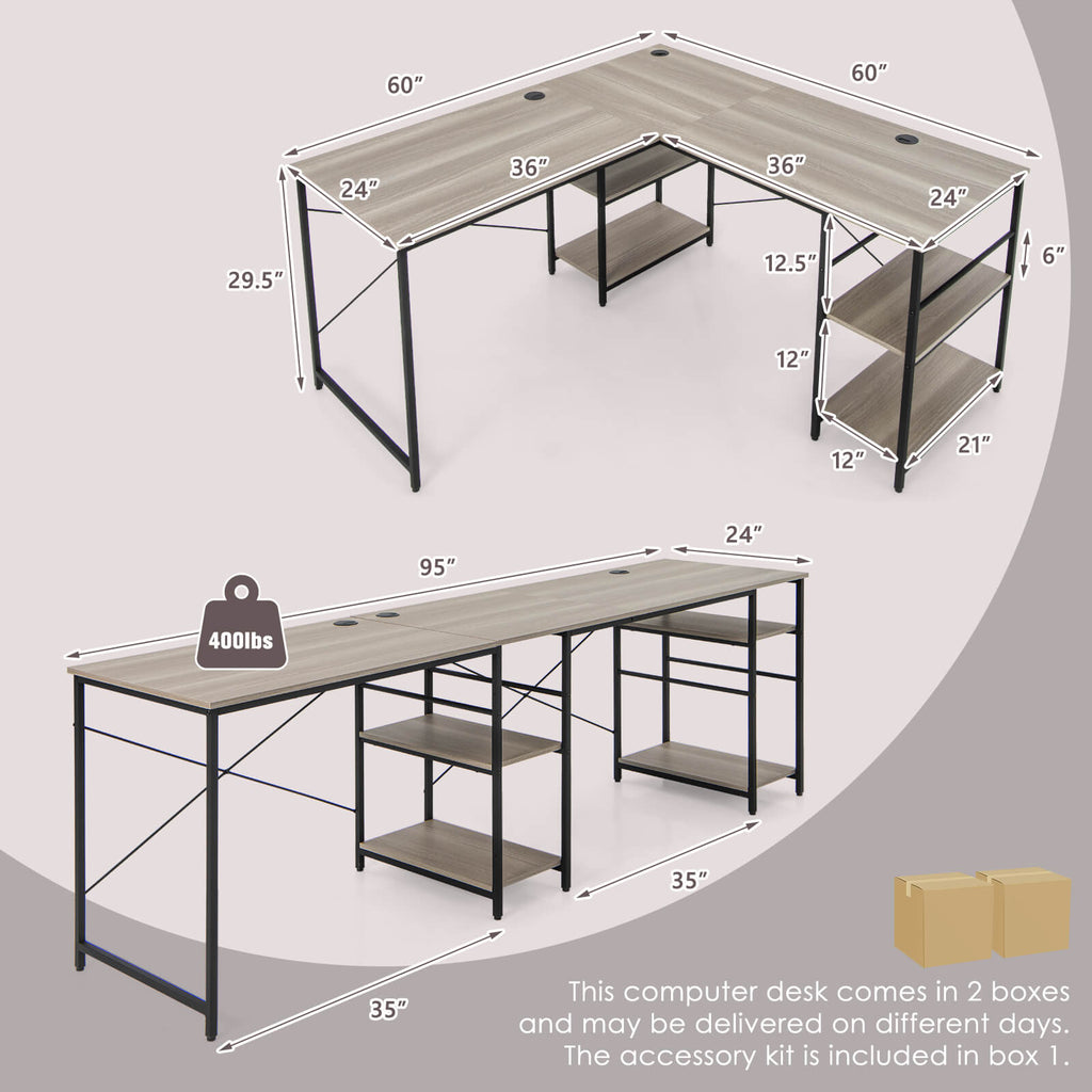 L Shaped Computer Desk with 4 Storage Shelves and Cable Holes