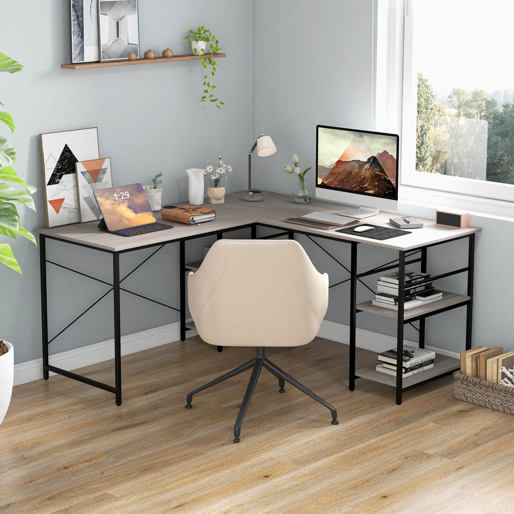 L Shaped Computer Desk with 4 Storage Shelves and Cable Holes