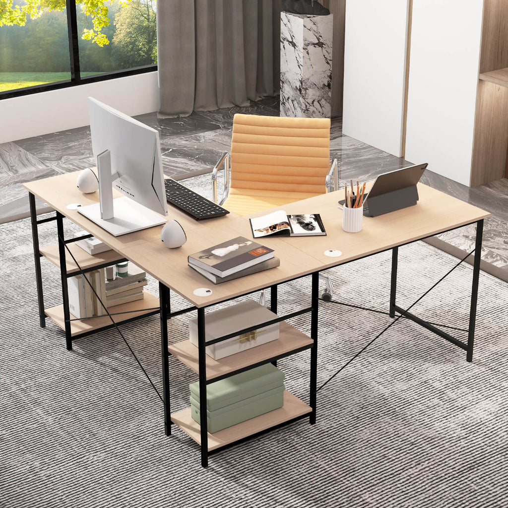L Shaped Computer Desk with 4 Storage Shelves and Cable Holes