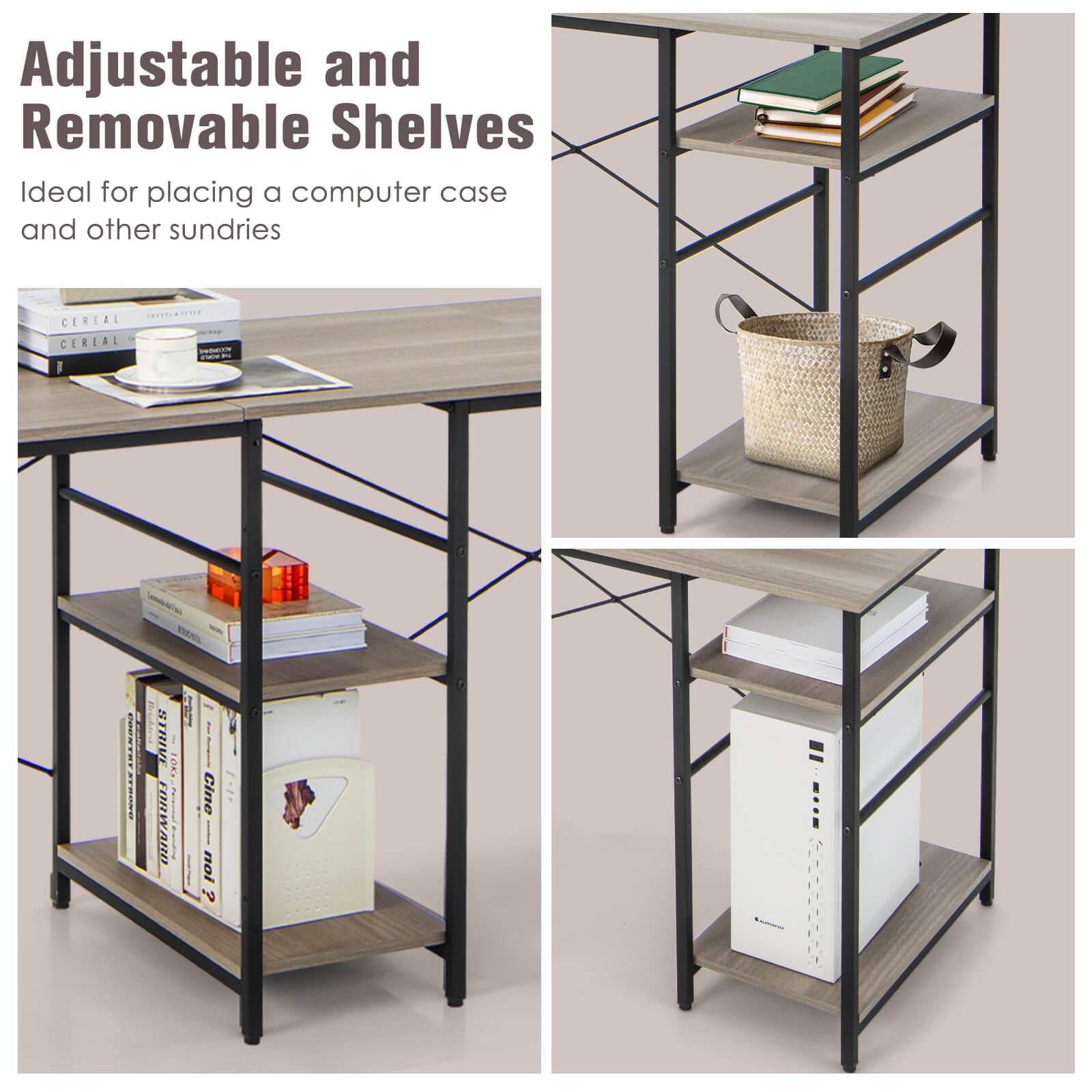 L Shaped Computer Desk with 4 Storage Shelves and Cable Holes