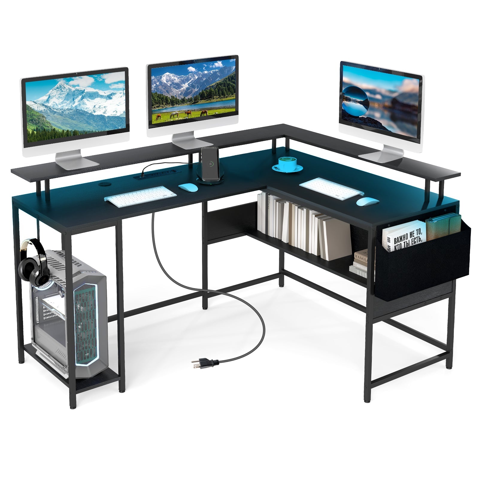 L-Shaped Gaming Desk with LED Lights and Power Outlets Home Office Computer Desk