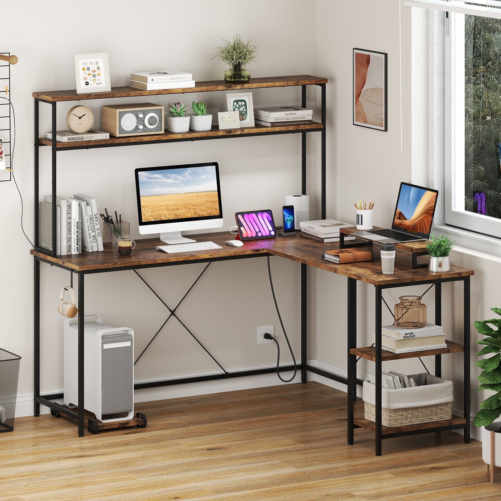 L-Shaped Reversible Gaming Desk with LED Strip and Power Outlets Hutch Monitor Stand