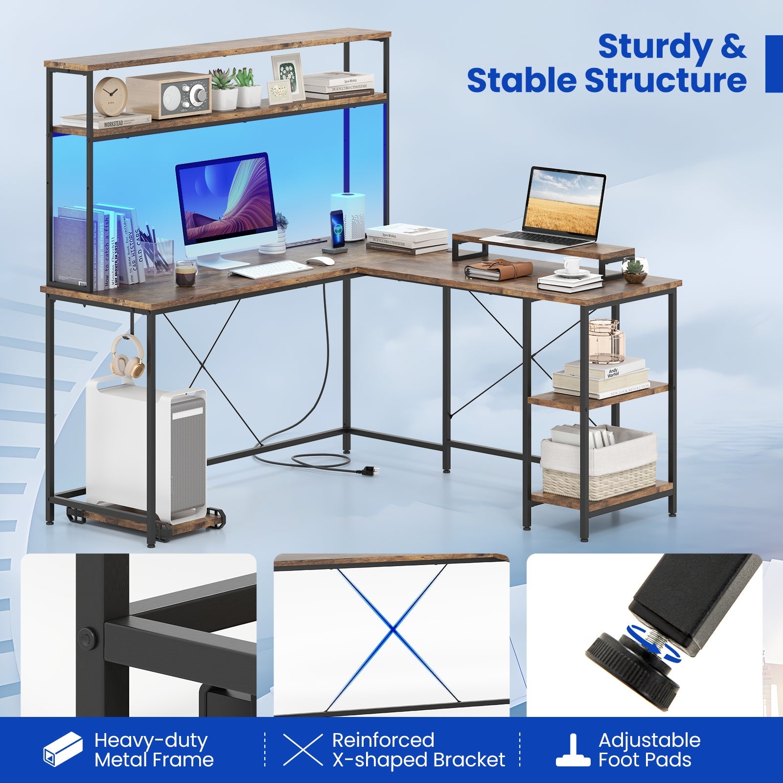 L-Shaped Reversible Gaming Desk with LED Strip and Power Outlets Hutch Monitor Stand