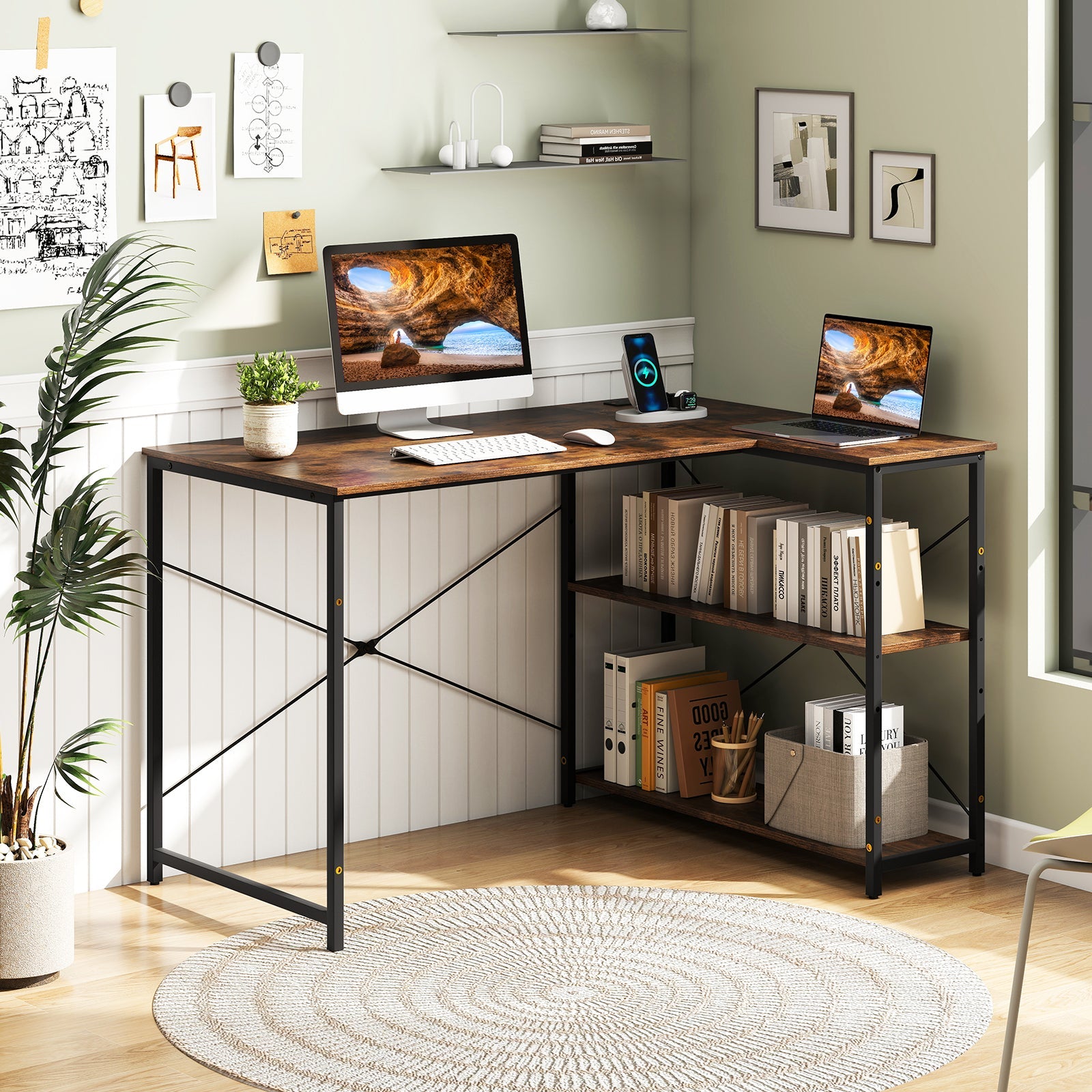 L-shaped 47 Inch Reversible Corner Desk with Adjustable Storage Shelves