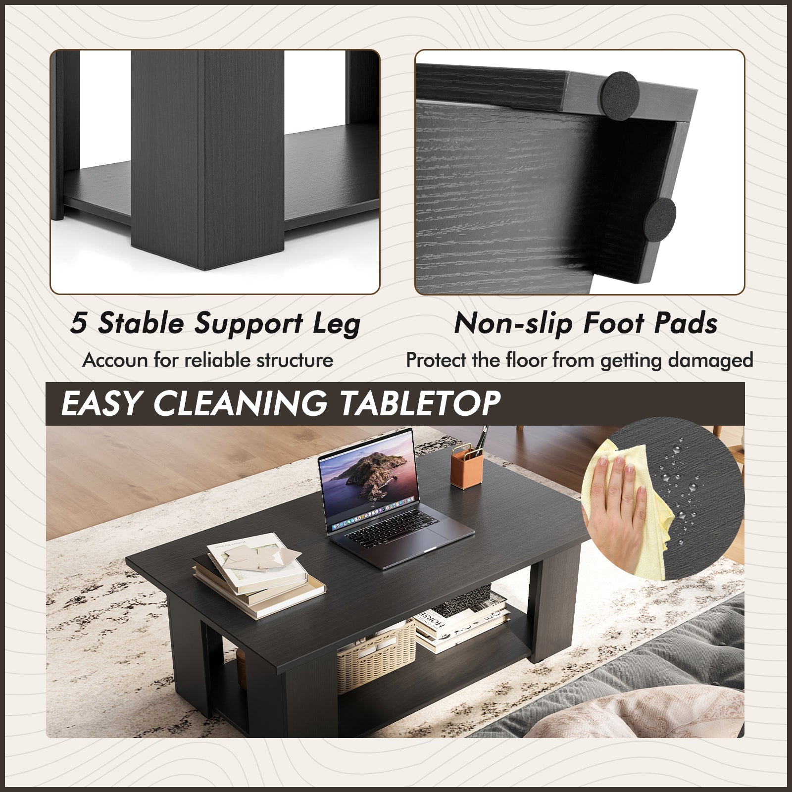Large 36/41 Inch 2-tier Wooden Modern Coffee Table with Storage Shelf-Black