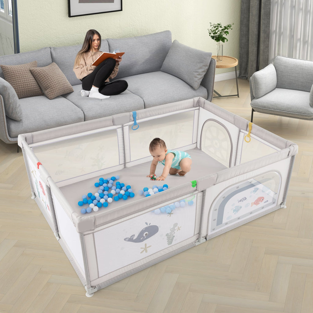 Large Baby Playpen with Pull Rings Ocean Balls and Cute Pattern