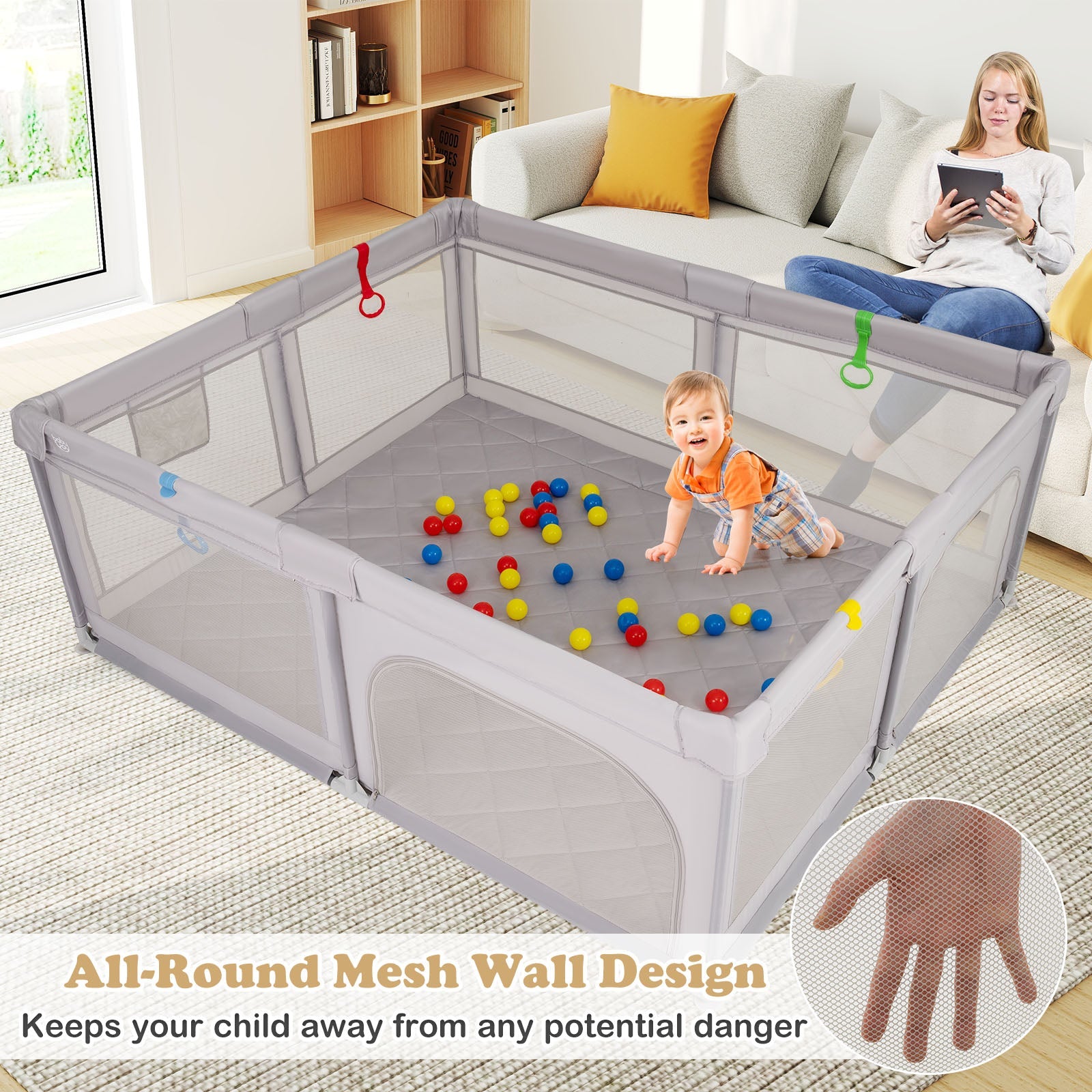 Large Baby Playpen with Pull Rings and Ocean Balls-Gray