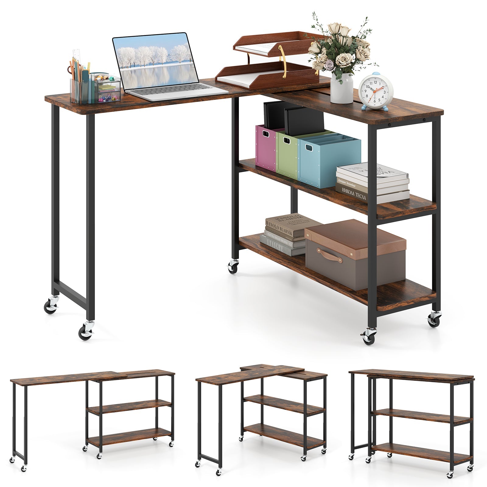 Patented Large 360-Degree Free Rotating Sofa Side Table with Wheels and Storage Shelf