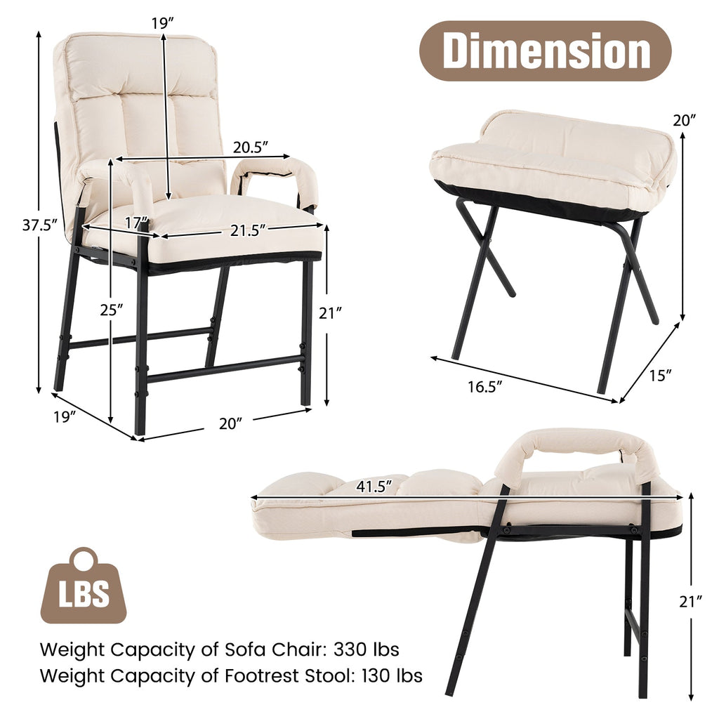 Linen Fabric Modern Accent Chair with Ottoman and Adjustable Backrest