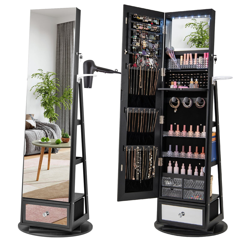 Lockable 360° Swivel Jewelry Cabinet with Full-Length Mirror LED Lights