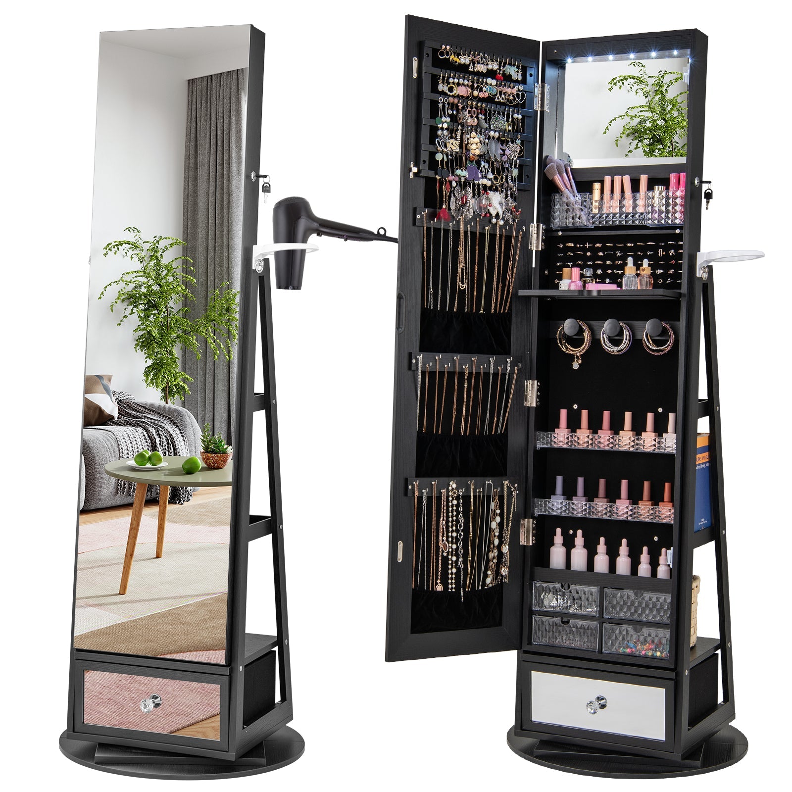 Lockable 360° Swivel Jewelry Cabinet with Full-Length Mirror LED Lights