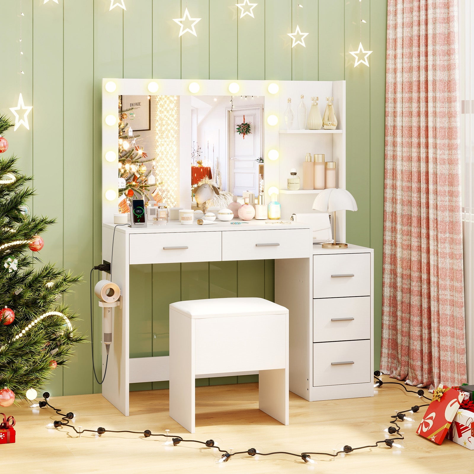 Makeup Table and Stool Set with Hair Dryer Stand-White