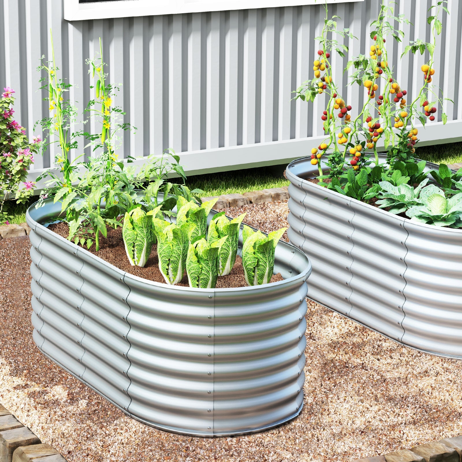 5 x 3 x 2 Feet Metal Oval Raised Garden Bed with Open Bottom Design-Gray