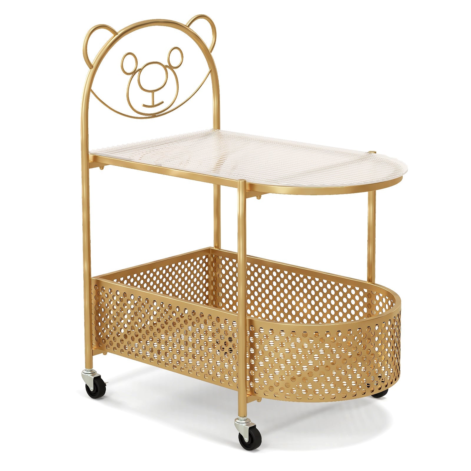 2-Tier Mobile Glass Coffee Table with Bear Pattern