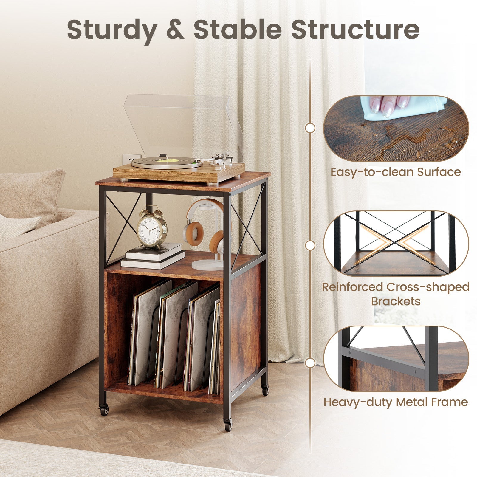 Mobile Record Player Stand with Power Outlet with Open Shelf and Dividers-Rustic Brown