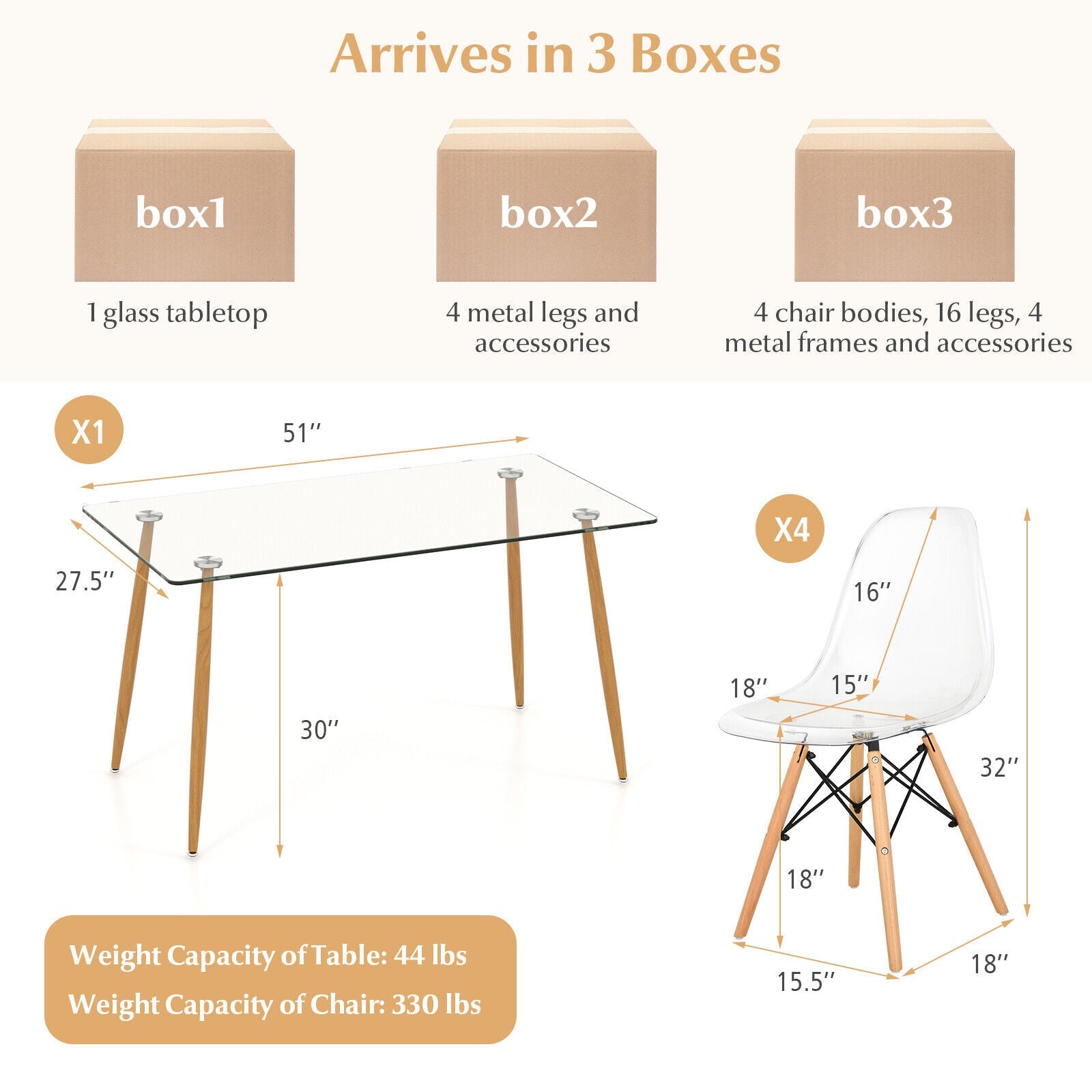 5 Pieces Rectangle Dining Table Set with 51 Inch Glass Tabletop